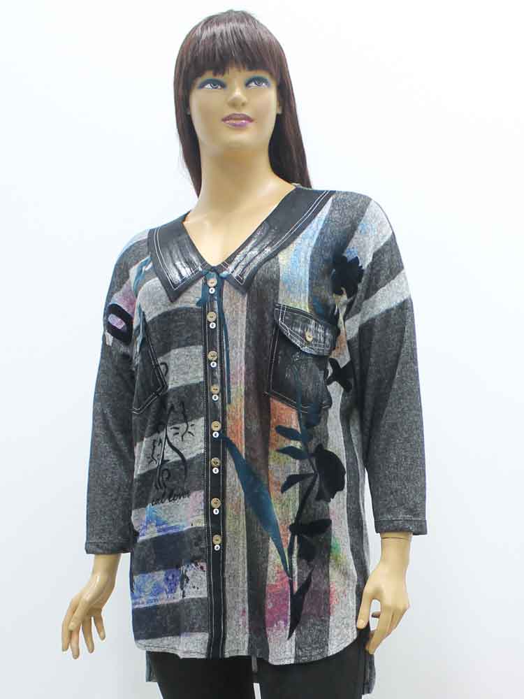 Блуза женская трикотажная комбинированная с декоративным принтом и накатом большого размера. Магазин «Пышная Дама», Луганск.