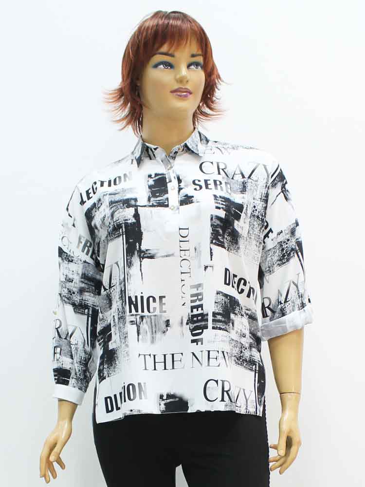 Блуза женская из мокрого шелка с газетным принтом большого размера. Магазин «Пышная Дама», Луганск.