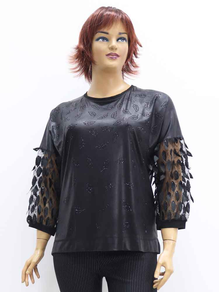 Блуза женская из ткани диско с аппликацией большого размера, 2021. Магазин «Пышная Дама», Луганск.