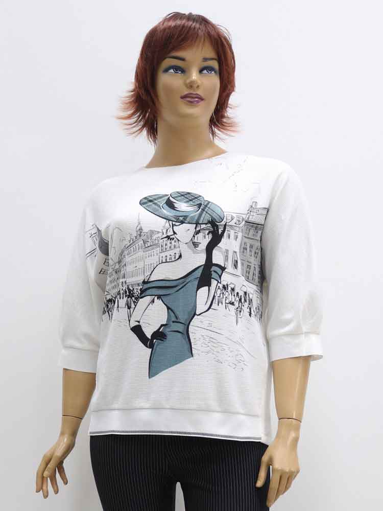 Блуза женская трикотажная с декоративным принтом большого размера, 2021. Магазин «Пышная Дама», Луганск.