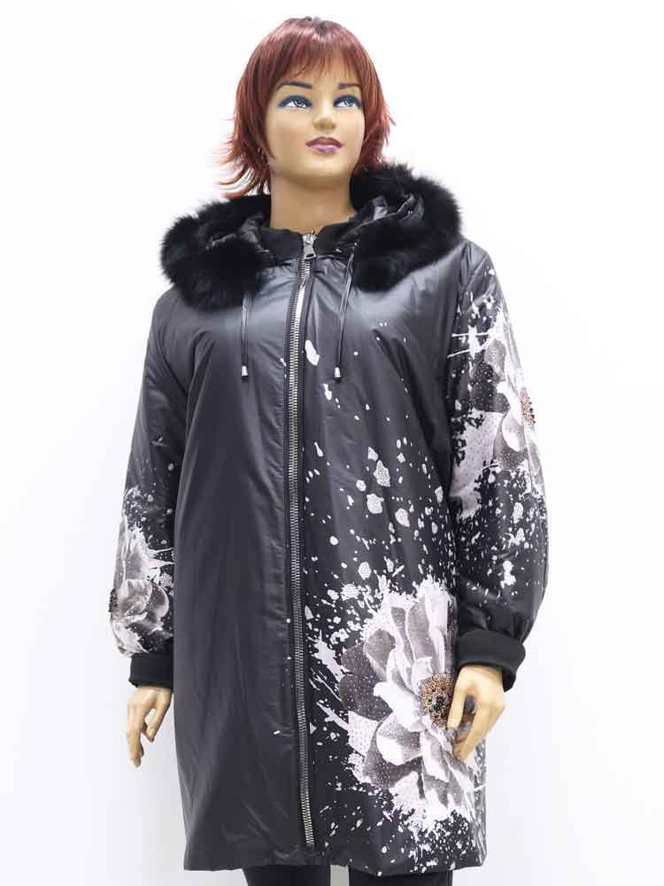 Куртка зимняя женская с меховой отделкой и декоративным принтом большого размера. Магазин «Пышная Дама», Луганск.