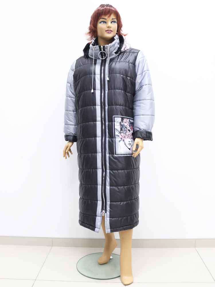 Пальто женское зимнее с капюшоном и декоративным принтом большого размера. Магазин «Пышная Дама», Луганск.