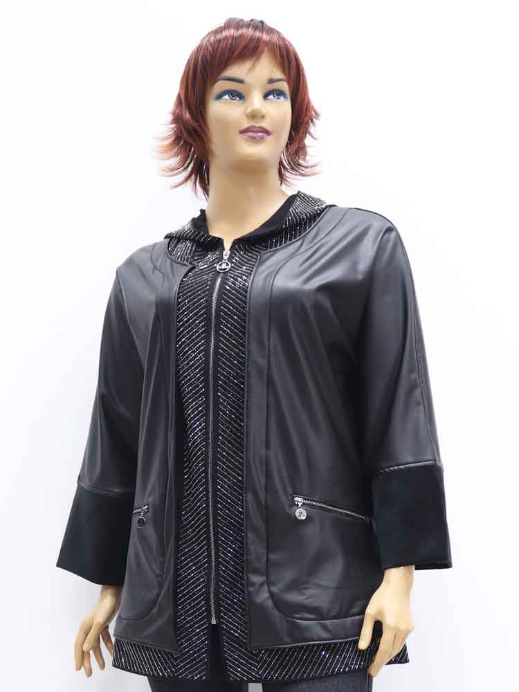 Куртка легкая (ветровка) женская из экокожи с аппликацией большого размера, 2021. Магазин «Пышная Дама», Луганск.