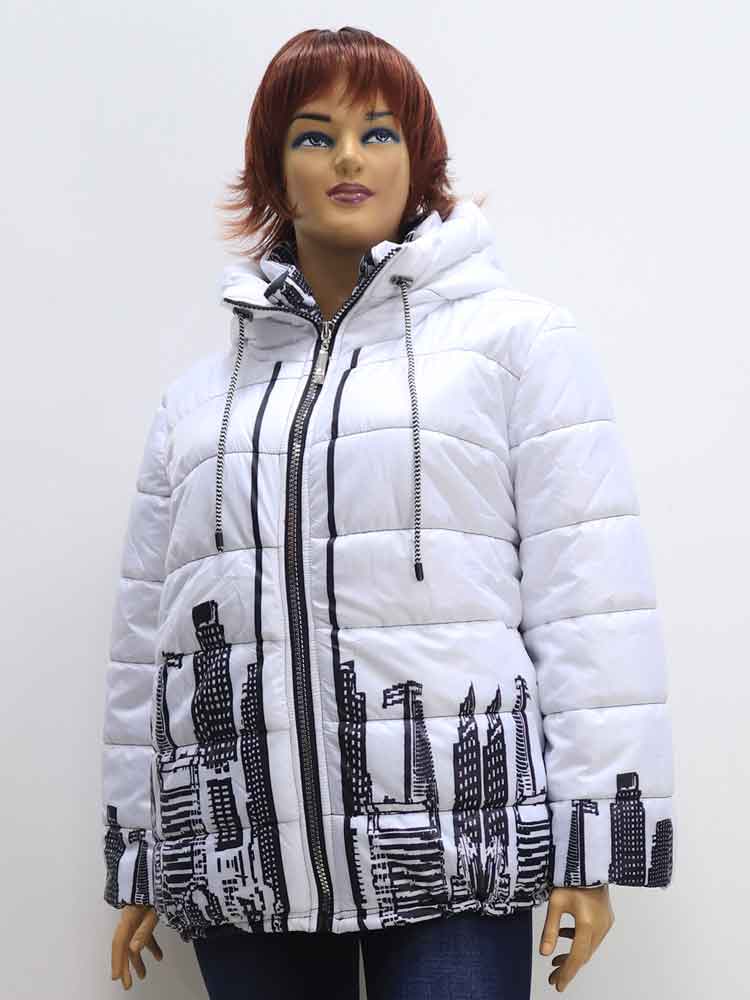 Куртка зимняя женская с капюшоном и декоративным принтом большого размера. Магазин «Пышная Дама», Луганск.
